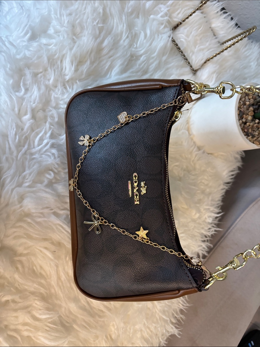 Coach Dark Brown Leather Shoulder Bag with Gold Charm Chain